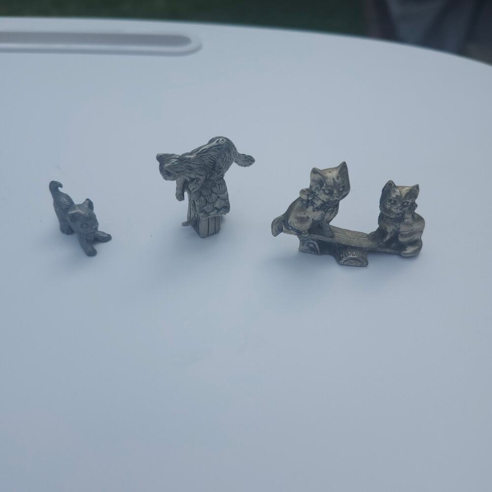 Vintage Pewter Cat Figurines Lot Seesaw Birdhouse Kitten Mini Collectible Decor